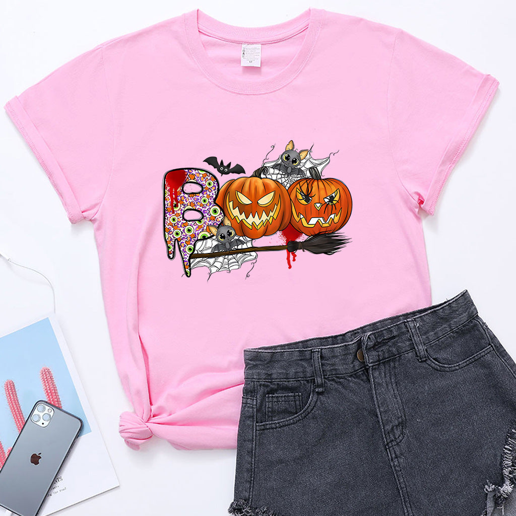 Cartoon Halloween Pumpkin Print Cross-Border Spring and Summer New Spot Multi-Color Cvc Pull-Up 180g Round Neck Short Sleeves So ist Leben
