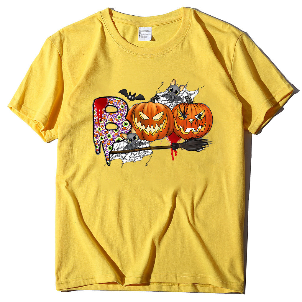 Cartoon Halloween Pumpkin Print Cross-Border Spring and Summer New Spot Multi-Color Cvc Pull-Up 180g Round Neck Short Sleeves So ist Leben
