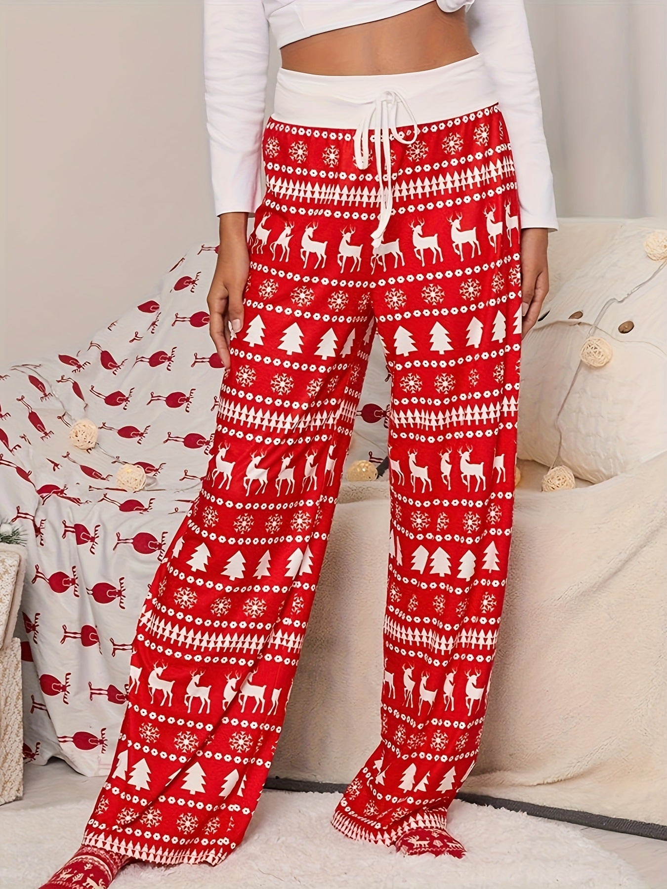 Cross-border Christmas Trousers for Christmas Performance High Waist Lace-up Stitching Elk Christmas Tree Printed Red Trousers So ist Leben