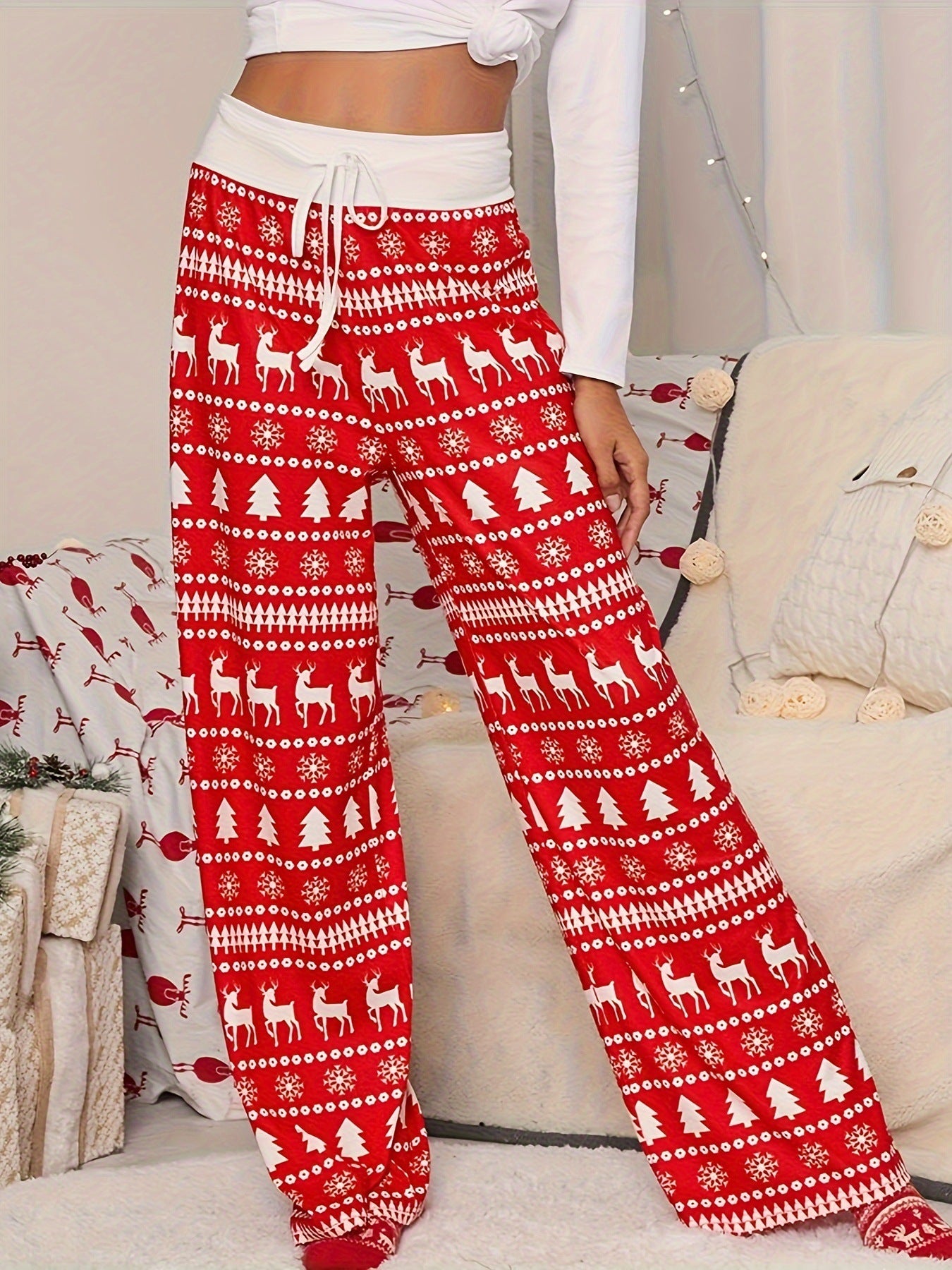 Cross-border Christmas Trousers for Christmas Performance High Waist Lace-up Stitching Elk Christmas Tree Printed Red Trousers So ist Leben