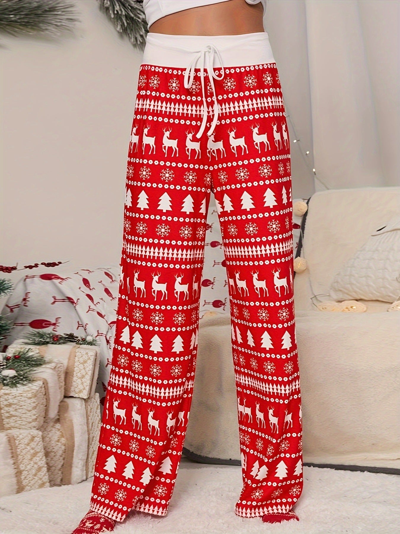 Cross-border Christmas Trousers for Christmas Performance High Waist Lace-up Stitching Elk Christmas Tree Printed Red Trousers So ist Leben
