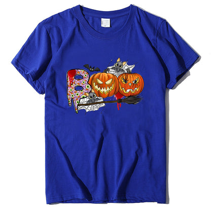 Cartoon Halloween Pumpkin Print Cross-Border Spring and Summer New Spot Multi-Color Cvc Pull-Up 180g Round Neck Short Sleeves So ist Leben