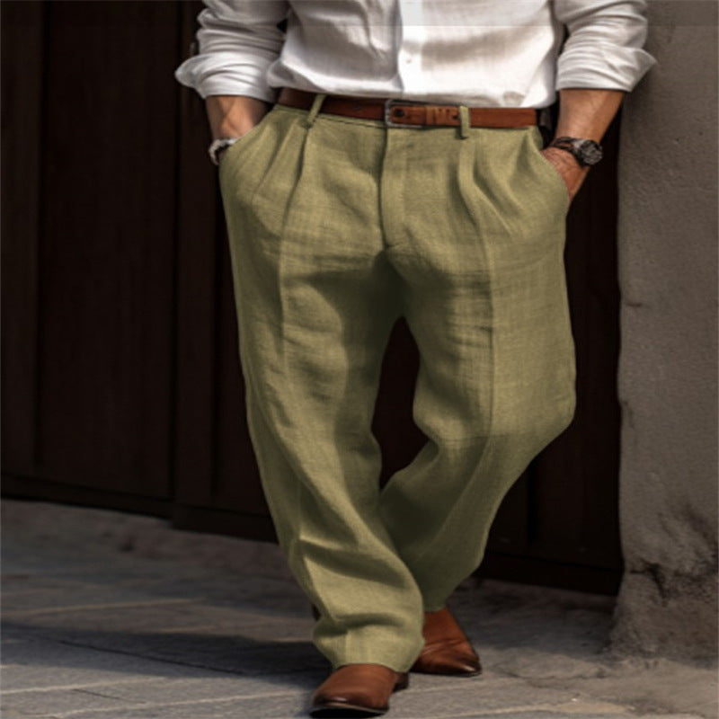 New Men's Linen Trousers Double Pleated Front Pocket Straight Solid Color Comfortable Breathable Casual Daily Vacation Cotton Blend Fashion So ist Leben