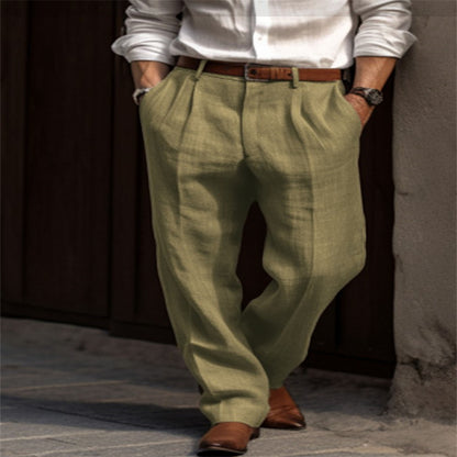 New Men's Linen Trousers Double Pleated Front Pocket Straight Solid Color Comfortable Breathable Casual Daily Vacation Cotton Blend Fashion So ist Leben