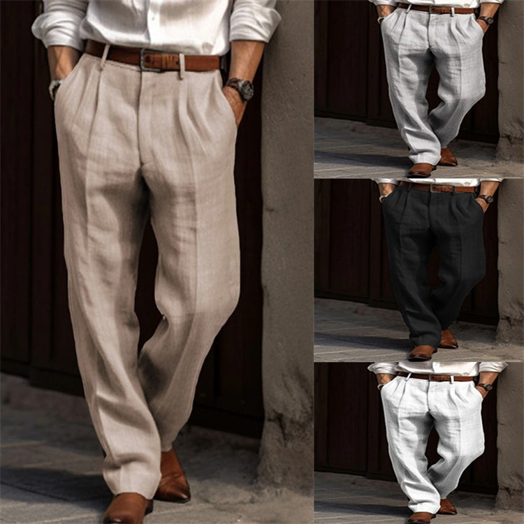 New Men's Linen Trousers Double Pleated Front Pocket Straight Solid Color Comfortable Breathable Casual Daily Vacation Cotton Blend Fashion So ist Leben