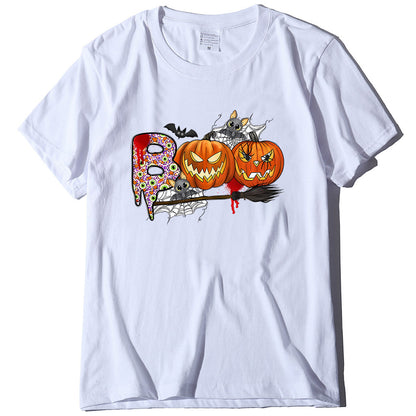 Cartoon Halloween Pumpkin Print Cross-Border Spring and Summer New Spot Multi-Color Cvc Pull-Up 180g Round Neck Short Sleeves So ist Leben