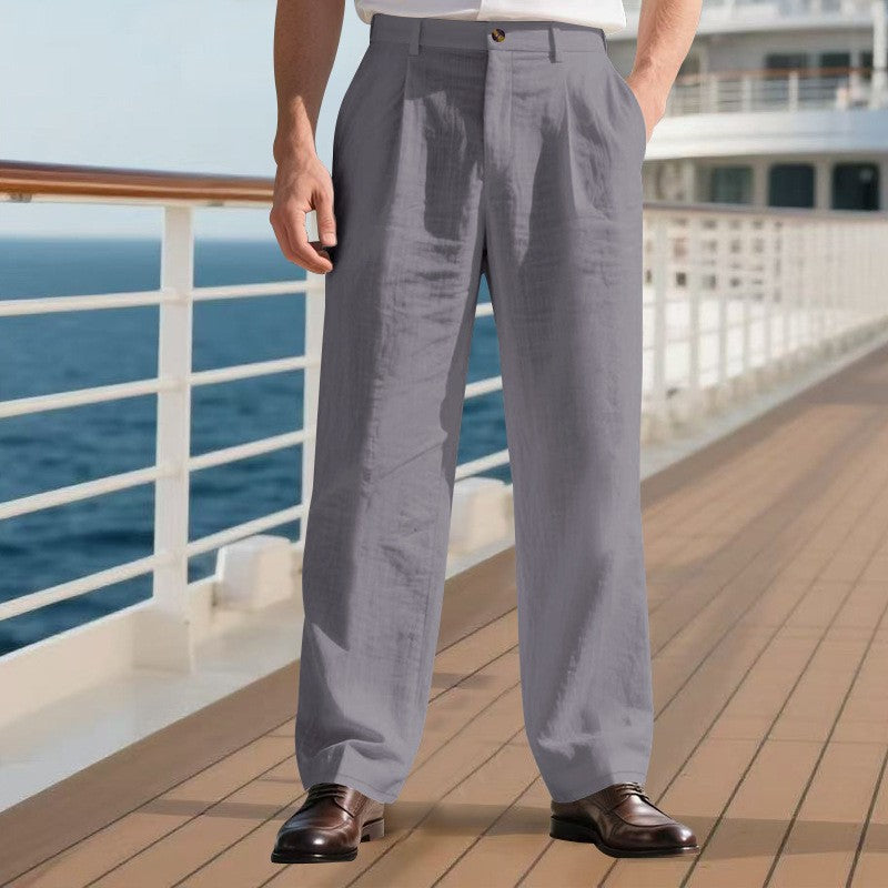 New Men's Linen Trousers Double Pleated Front Pocket Straight Solid Color Comfortable Breathable Casual Daily Vacation Cotton Blend Fashion So ist Leben