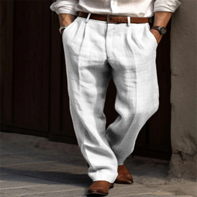 New Men's Linen Trousers Double Pleated Front Pocket Straight Solid Color Comfortable Breathable Casual Daily Vacation Cotton Blend Fashion So ist Leben