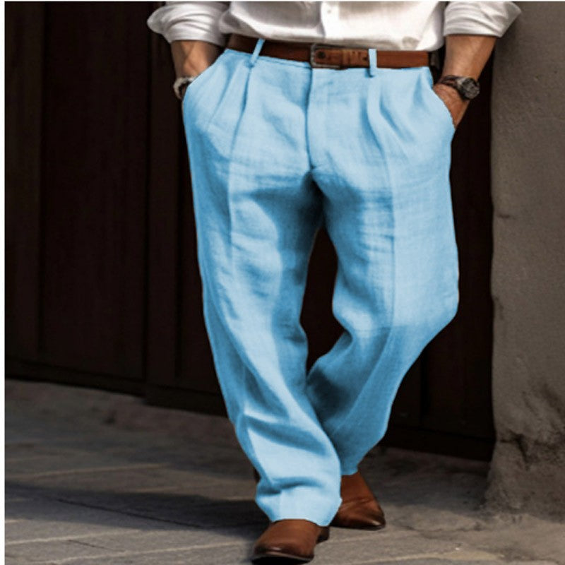 New Men's Linen Trousers Double Pleated Front Pocket Straight Solid Color Comfortable Breathable Casual Daily Vacation Cotton Blend Fashion So ist Leben