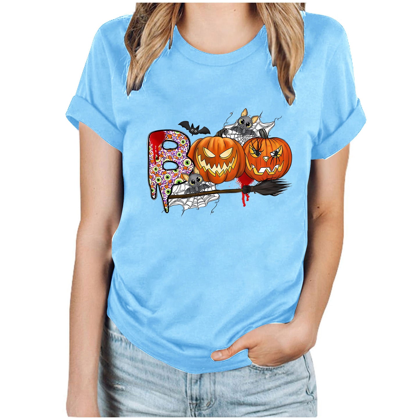 Cartoon Halloween Pumpkin Print Cross-Border Spring and Summer New Spot Multi-Color Cvc Pull-Up 180g Round Neck Short Sleeves So ist Leben