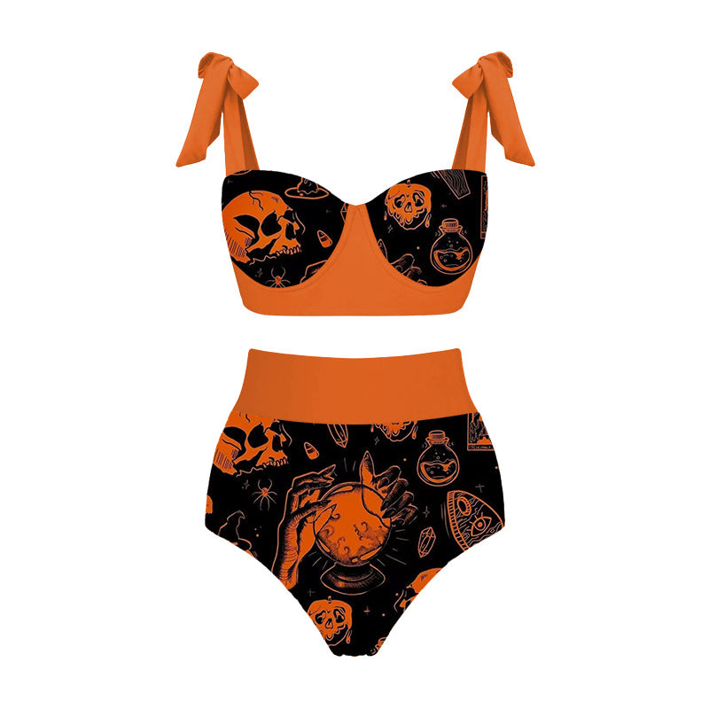 Halloween Limited Edition Swimsuit with Bows, Pumpkin Print Split Swimsuit, Cross-Border Hot Style and Sexy So ist Leben