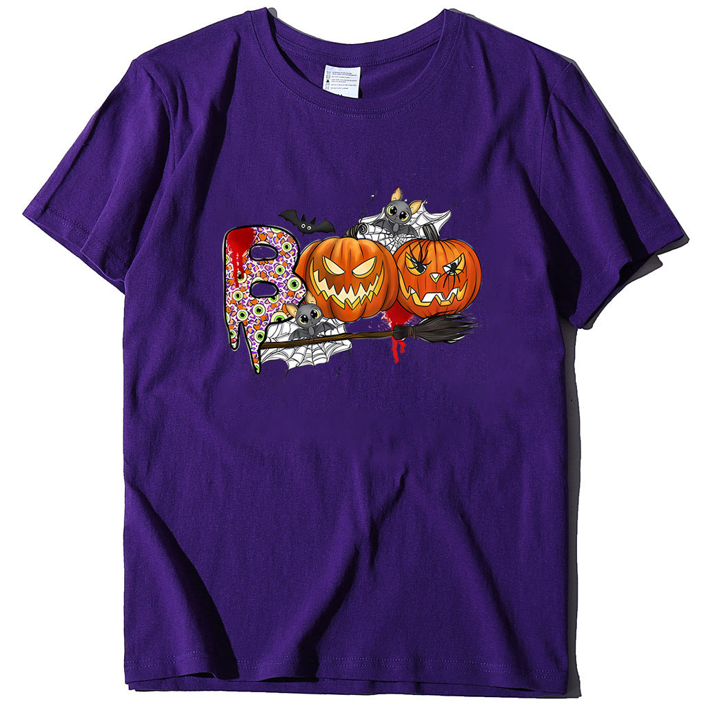 Cartoon Halloween Pumpkin Print Cross-Border Spring and Summer New Spot Multi-Color Cvc Pull-Up 180g Round Neck Short Sleeves So ist Leben