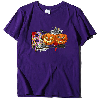 Cartoon Halloween Pumpkin Print Cross-Border Spring and Summer New Spot Multi-Color Cvc Pull-Up 180g Round Neck Short Sleeves So ist Leben