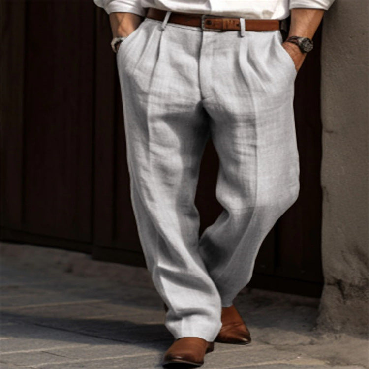 New Men's Linen Trousers Double Pleated Front Pocket Straight Solid Color Comfortable Breathable Casual Daily Vacation Cotton Blend Fashion So ist Leben