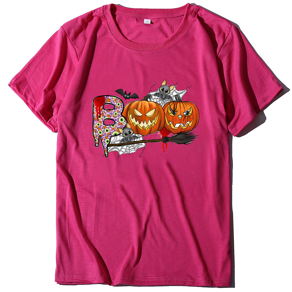 Cartoon Halloween Pumpkin Print Cross-Border Spring and Summer New Spot Multi-Color Cvc Pull-Up 180g Round Neck Short Sleeves So ist Leben