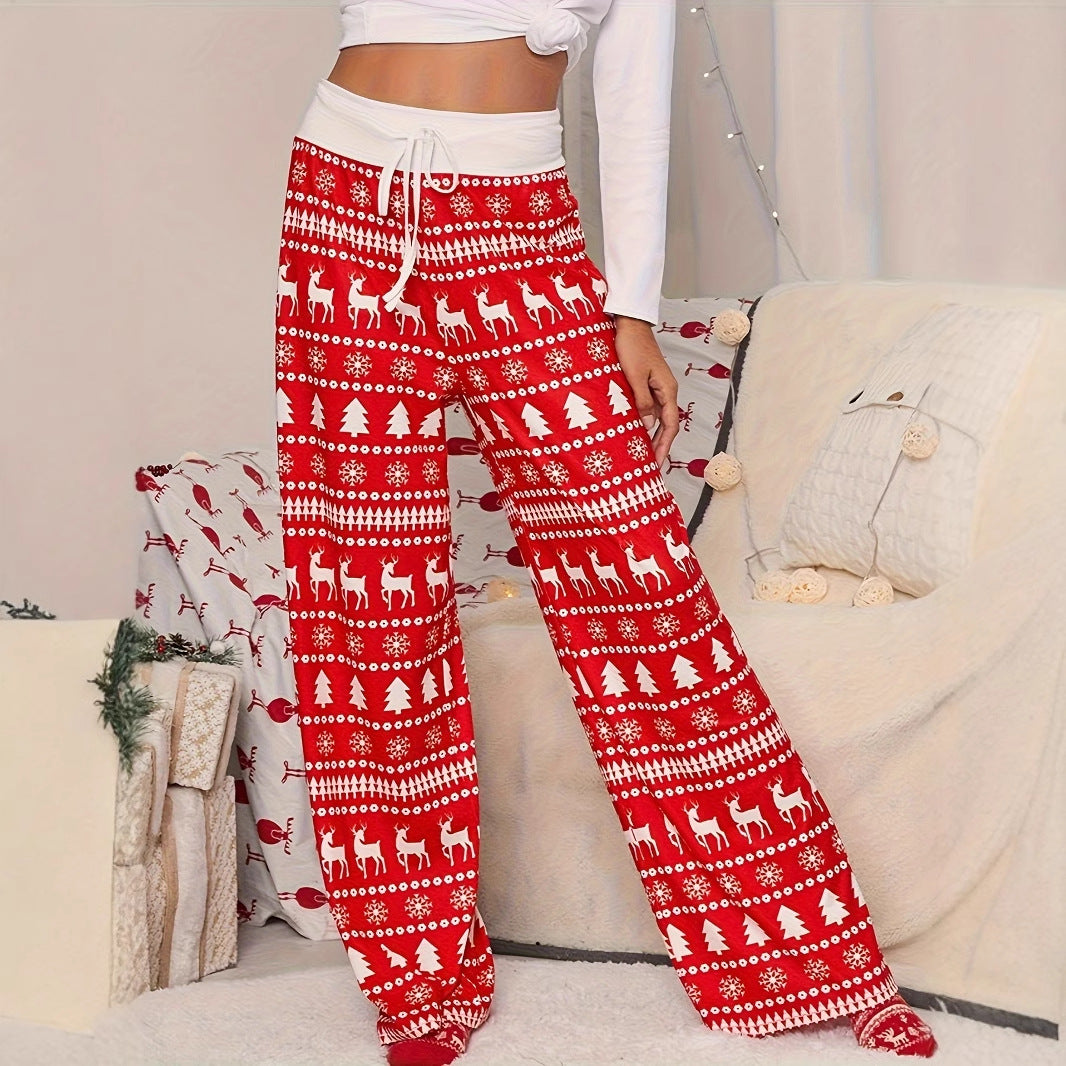 Cross-border Christmas Trousers for Christmas Performance High Waist Lace-up Stitching Elk Christmas Tree Printed Red Trousers So ist Leben