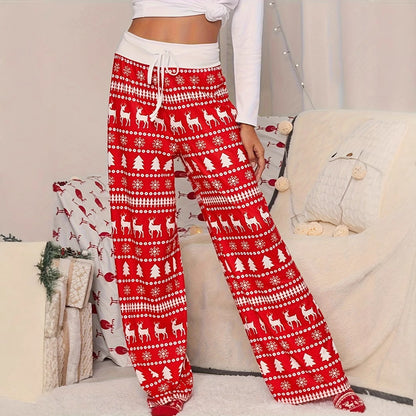 Cross-border Christmas Trousers for Christmas Performance High Waist Lace-up Stitching Elk Christmas Tree Printed Red Trousers So ist Leben