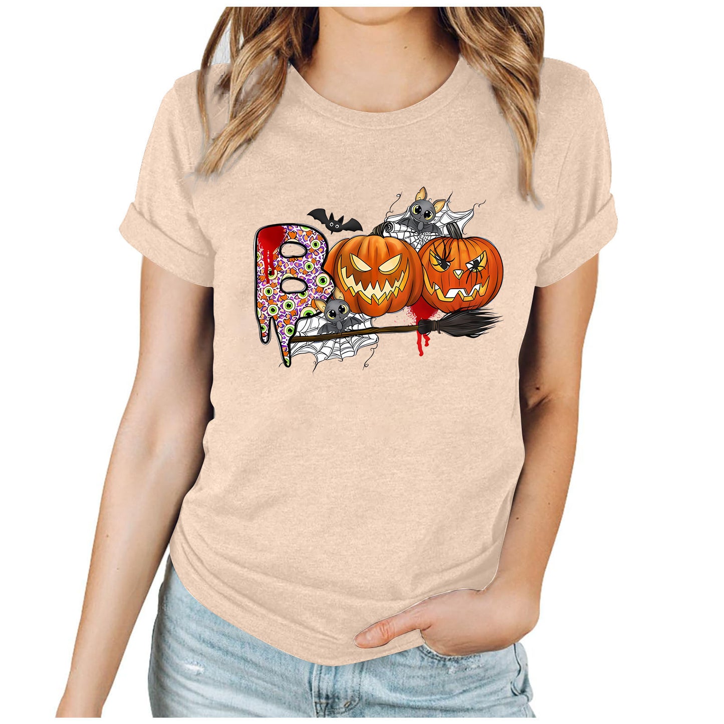 Cartoon Halloween Pumpkin Print Cross-Border Spring and Summer New Spot Multi-Color Cvc Pull-Up 180g Round Neck Short Sleeves So ist Leben