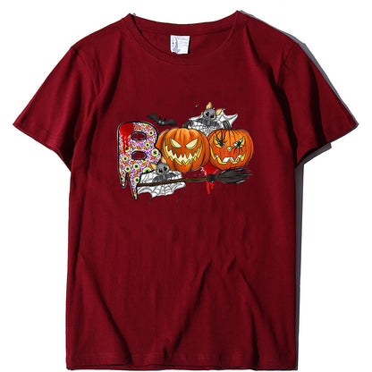 Cartoon Halloween Pumpkin Print Cross-Border Spring and Summer New Spot Multi-Color Cvc Pull-Up 180g Round Neck Short Sleeves So ist Leben