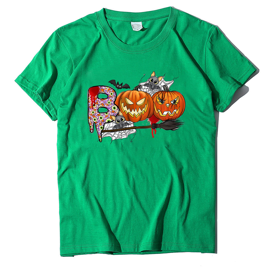 Cartoon Halloween Pumpkin Print Cross-Border Spring and Summer New Spot Multi-Color Cvc Pull-Up 180g Round Neck Short Sleeves So ist Leben