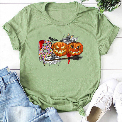Cartoon Halloween Pumpkin Print Cross-Border Spring and Summer New Spot Multi-Color Cvc Pull-Up 180g Round Neck Short Sleeves So ist Leben