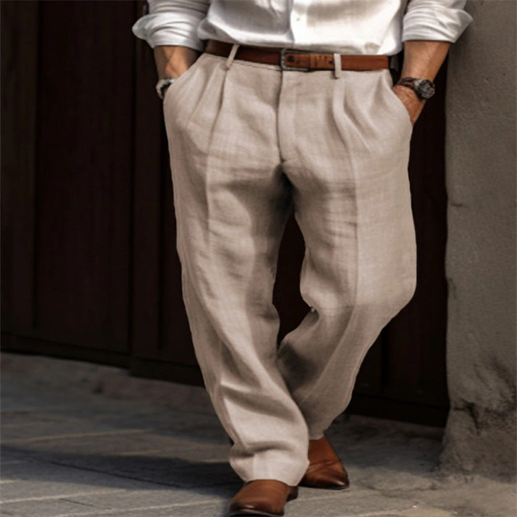 New Men's Linen Trousers Double Pleated Front Pocket Straight Solid Color Comfortable Breathable Casual Daily Vacation Cotton Blend Fashion So ist Leben