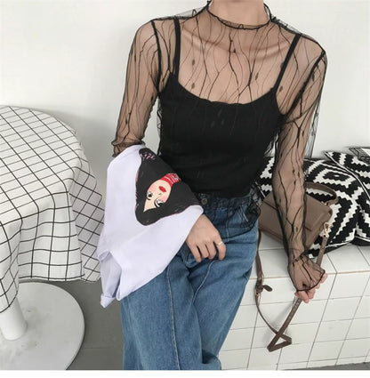 Damen Mesh Langarmshirt Modern mit Spitzenakzent So ist Leben
