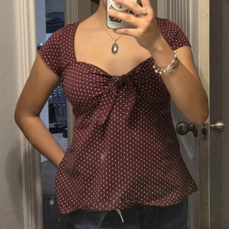 Damen Fairy Grunge Coquette T-Shirts Y2K Süße Kurzarm Babydoll Tops 90er Jahre Preppy Girls Vintage Ästhetische Blusen Crop Tops So ist Leben