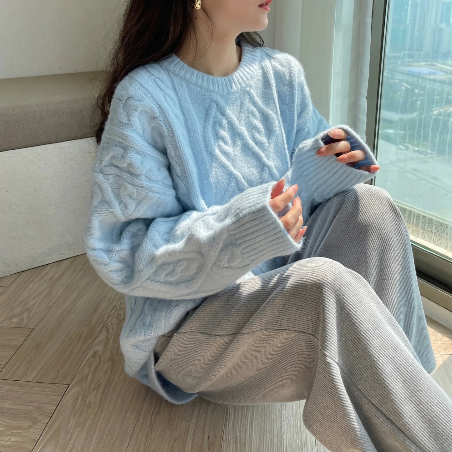Pullover Frau Winter 2023 Rundhals Bodenbildung Twist Pullover Faul Wind Lose Beiläufige Stricken Pullover Langarm Pullover Jumper So ist Leben