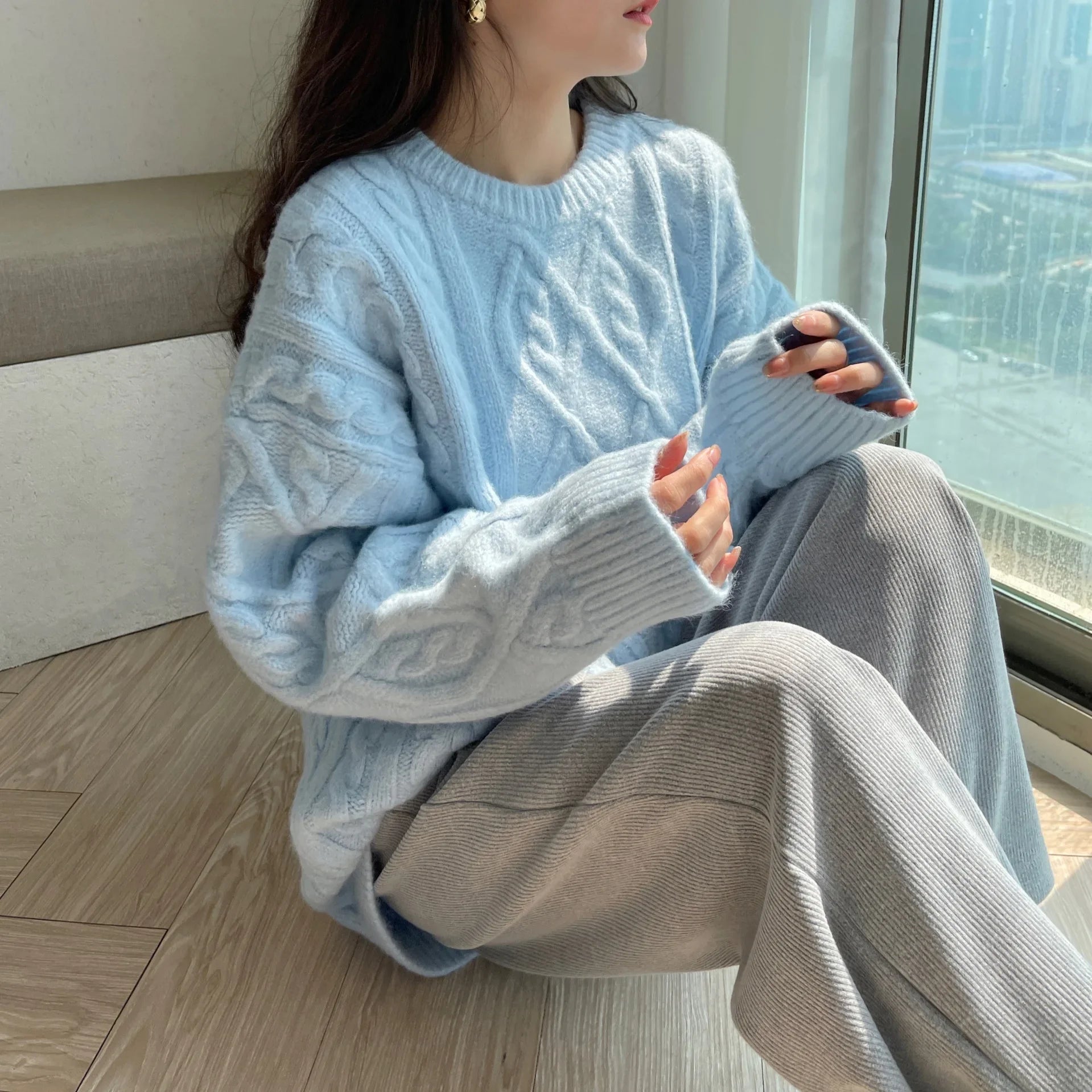 Pullover Frau Winter 2023 Rundhals Bodenbildung Twist Pullover Faul Wind Lose Beiläufige Stricken Pullover Langarm Pullover Jumper So ist Leben