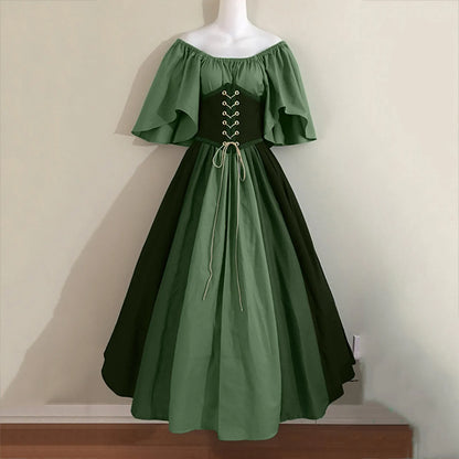 Damen Patchwork Mittelalter Renaissance Kleid Halloween Gothic schulterfreies Retro Langes Kleid So ist Leben