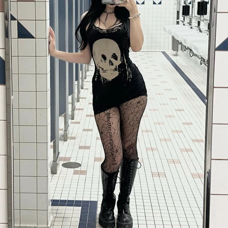 2024 neue Retro Punk Gothic Kleid Frauen Streetwear Harajuku Schädel gedruckt ärmellose hohe Taille Bodycon Kleid Grunge Rave Outfits So ist Leben