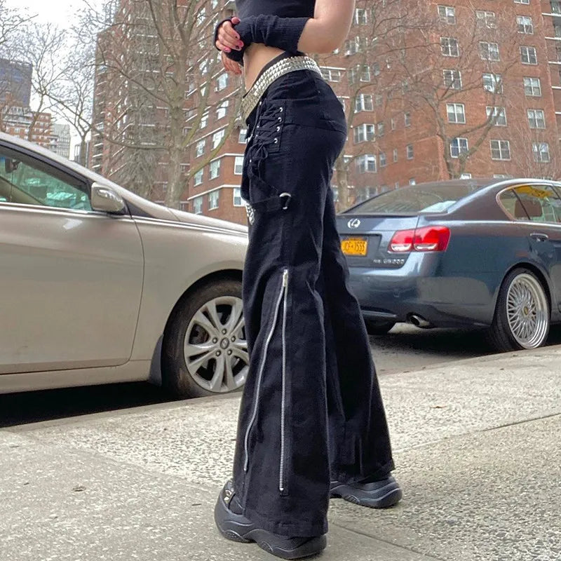 Frauen Hosen Hip Hop Hohe Taille Bandage Streetwear Niet Hosen Goth Dark Gothic Grunge Schwarz Hosen Harajuku Punk Breite Bein So ist Leben