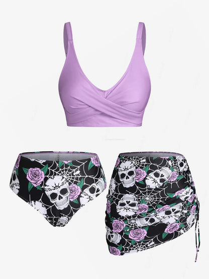 ROSEGAL Plus Size Damen Plus Size & Curve Skull Rose Print Crossover Dreiteilige Bikini-Badeanzüge So ist Leben
