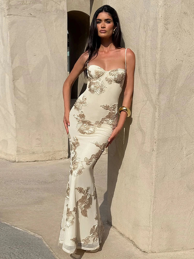 Nibber Elegante Blume Stickerei Maxi Kleid Frauen Low-Neck Kreuz Bandage Backless Sommer Straße Trend Dünne Urlaub Vestidos So ist Leben