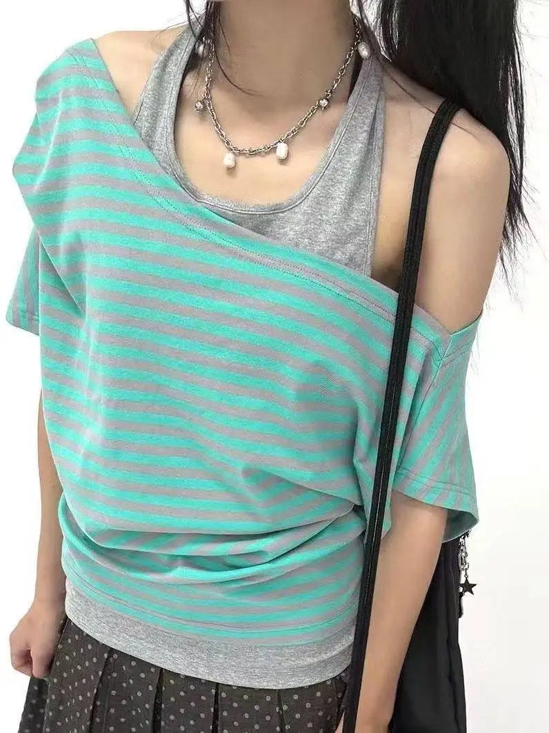 Koreanische süße gestreifte Fake-Two-Tops für Damen, schulterfrei, Vintage, amerikanischer Stil, kurzärmelig, schick, lässig, für den Alltag, Sommer-T-Shirts So ist Leben