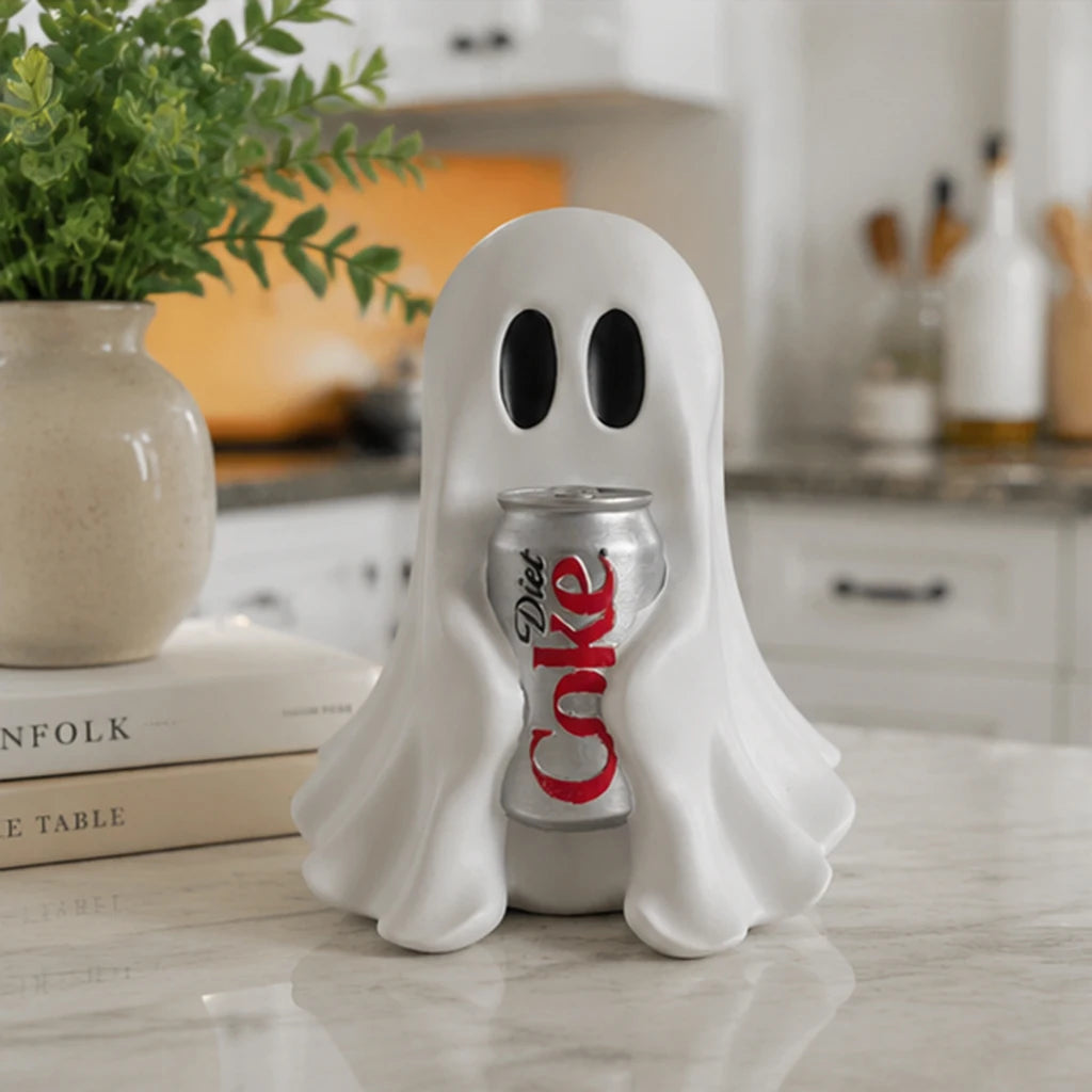 Lustige Geisterfigur mit Getränkedose aus Kunstharz, Halloween-Schreibtischdekoration, Niedliche Gruselige Raumverzierung, Geschenk für Heim- und Bürodekoration So ist Leben