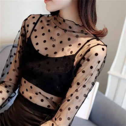 Frauen Spitze Floral T-shirt Transparent Mesh Damen Tops Sheer Blusen Herbst Durchsichtige Rollkragen Schwarz Langarm T-shirt - So ist Leben