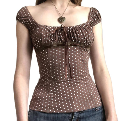 Teen Girl 00er Retro süßes T-Shirt mit quadratischem Kragen Polka Dot Milkmaid Baby Tees Coquette Vintage Cap Sleeve Crop Tops Y2k Tank Weste So ist Leben