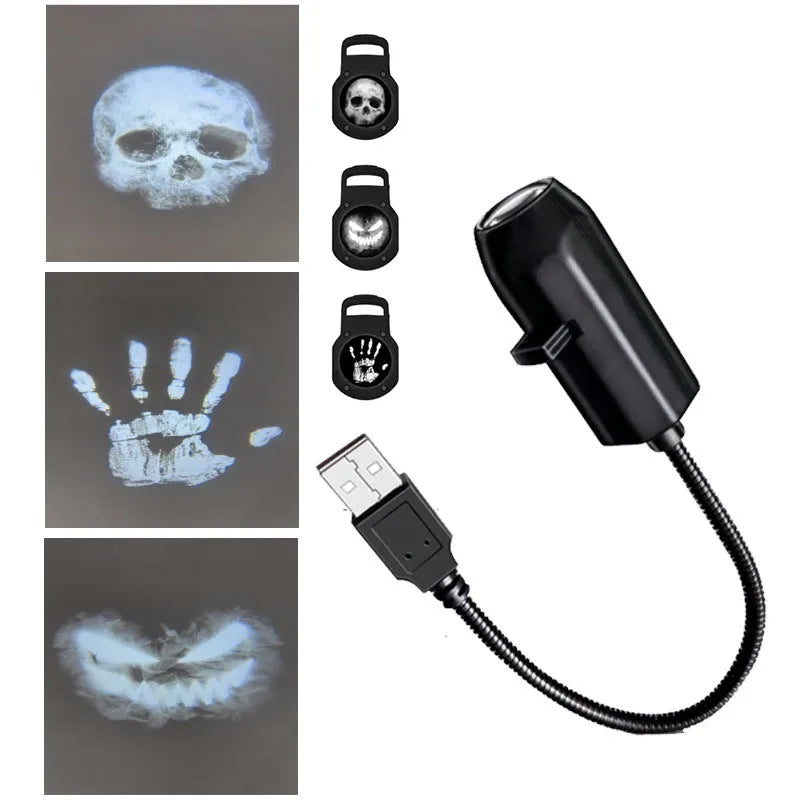 Halloween-USB-Projektorlicht, Totenkopf-Nachtlicht, Geister-LED-Lampe, 360 Grad drehbar, umschaltbares Muster, Design, dunkle und nächtliche Atmosphäre So ist Leben