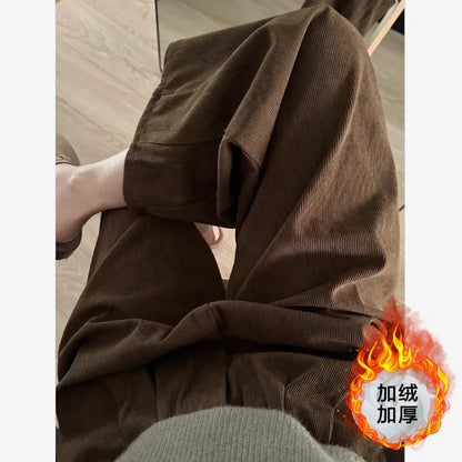 Hohe Taille Cord Hosen frauen Verdickt Fleece Herbst Winter Neue Stil Casual Lose Gerade Bein Abnehmen Breite Bein Hosen So ist Leben