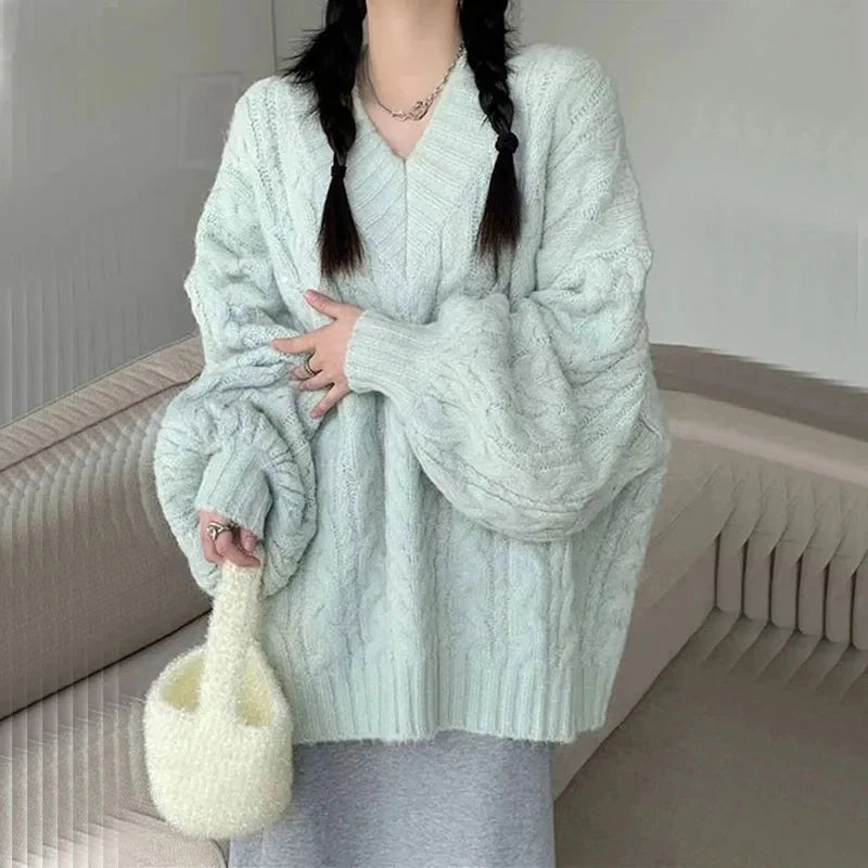 Herbst Winter Frauen Pullover Harajuku Übergroßen Gestrickte Pullover Koreanische Langarm V-ausschnitt Strickwaren Preppy Solide Lose Jumper So ist Leben