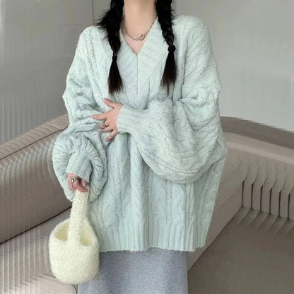 Herbst Winter Frauen Pullover Harajuku Übergroßen Gestrickte Pullover Koreanische Langarm V-ausschnitt Strickwaren Preppy Solide Lose Jumper So ist Leben