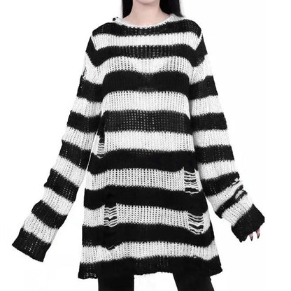 Goth Punk Gothic Pullover Übergroße Pullover Frauen Gestreiften Cool Aushöhlen Loch Gebrochen Jumper Harajuku Ästhetik Pullover So ist Leben