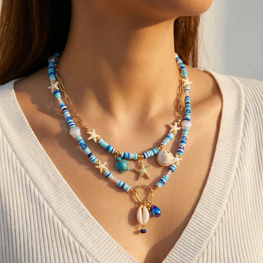 Böhmische Vintage Muschel Seestern Schildkröte Mehrschichtige Halskette für Frauen Ethnische Handgemachte Blaue Perlenketten Sommer Strand Schmuck So ist Leben