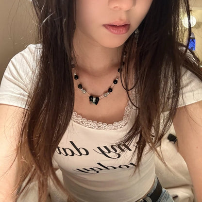 Harajuku u Hals Spitze süße Ernte T-Shirts Frauen schlanken Brief druck y2k ästhetische T-Shirts lässig Vintage Grunge Bottom ing T-Shirts So ist Leben