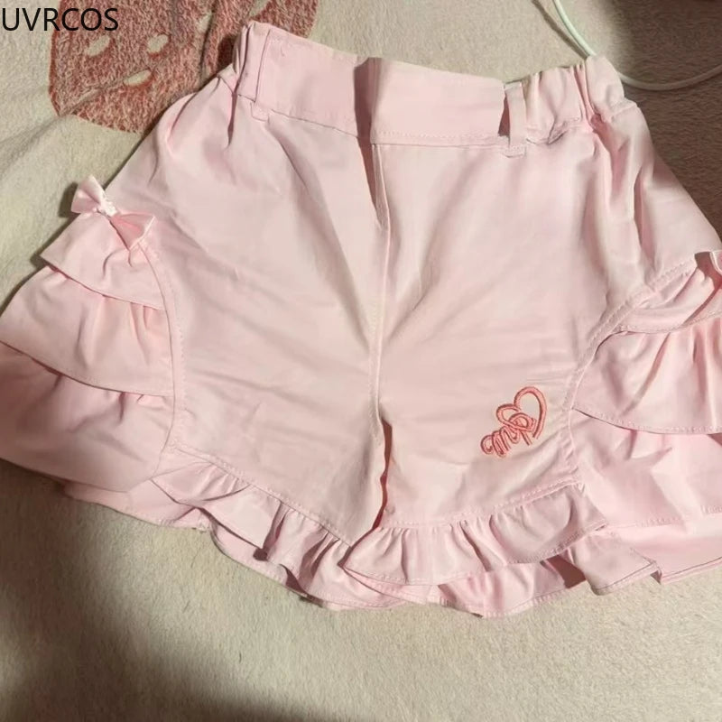 Rosa süße Lolita-Stil Shorts Frauen Sommer Kawaii elastische Taille Rüschen Schleife kurze Hosen Mädchen japanische Y2k ästhetische süße Shorts - So ist Leben