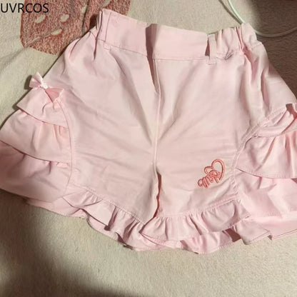 Rosa süße Lolita-Stil Shorts Frauen Sommer Kawaii elastische Taille Rüschen Schleife kurze Hosen Mädchen japanische Y2k ästhetische süße Shorts - So ist Leben