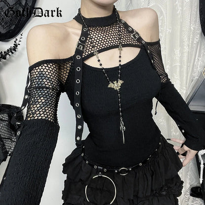 Goth Dark Punk Grunge Fishnet Patchwork Off Schulter T-shirts Trim Mais Strap Halter Tops Herbst Mall Gothic Streetwear T-shirt So ist Leben