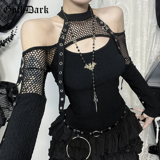 Goth Dark Punk Grunge Fishnet Patchwork Off Schulter T-shirts Trim Mais Strap Halter Tops Herbst Mall Gothic Streetwear T-shirt So ist Leben